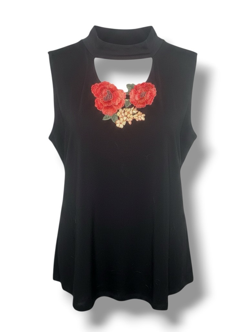 Adele & May SZ XL Embroidered Floral Cut-Out Top Sleeveless Red Floral Appliqué